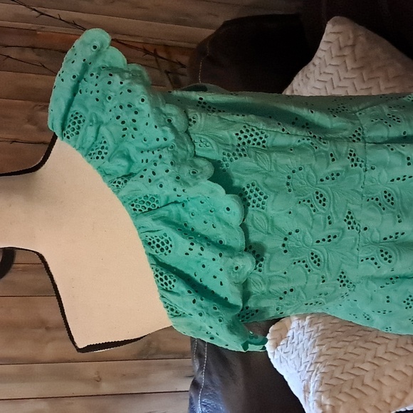 Eliza J Teal One Shoulder Ruffled Eyelet Sheath Midi Dress With Pockets, Size 6 - Picture 3 of 10